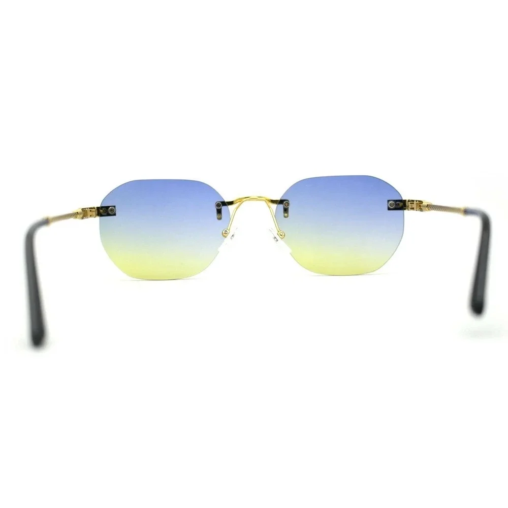 Rimless Sunglasses Blue Yellow‎ Gradient Lens Gold Frame Fashion Shades Lentes